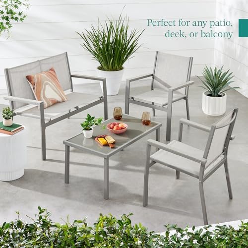 Best Choice Products 4-Piece Outdoor Textilene Patio Conversation Set, Backyard Furniture w/Loveseat, Coffee Table, Steel Frame - Gray/Gray - Image 3