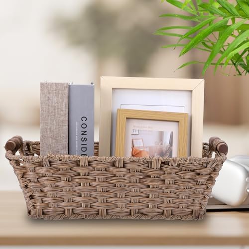 2 Pack Large Waterproof Wicker Storage Basket – 15"x10.6"x5.1" Brown Polypropylene Woven Baskets with Wood Handles & Metal Frame for Pantry, Bathroom, Bedroom, Patio - Image 5