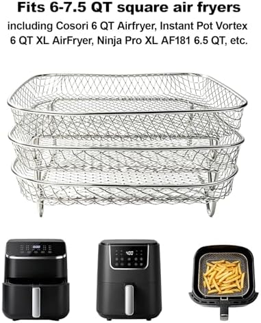 Square Air Fryer Rack 9-Pcs – 7" Square 3-Tier Stackable Dehydrator Racks for Cosori, Instant Vortex, and Ninja Foodi Grill – 304 Stainless Steel Grill Rack Compatible with 5-6QT Air Fryer, Oven - Image 4