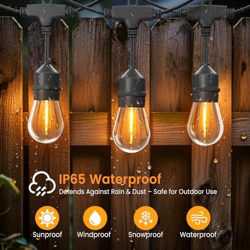 96ft Outdoor String Lights with Remote & Dimmer,48+4 Commercial Grade IP65 Waterproof Bulbs, 2700K Warm White,3 Lighting Modes & Timer,Includes 50 Cable Ties for Patio,Garden, Party（48FT*2） - Image 2