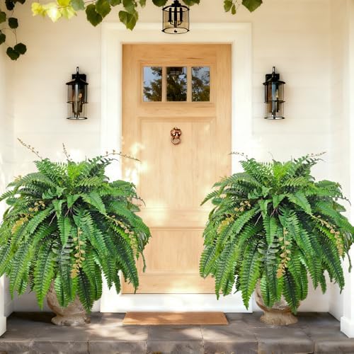 2pcs 48in 88 Blades Artificial Boston Ferns for Outdoors Large, UV Resistant Faux Outdoor Plants,Weatherproof Fake Ferns Plants Outdoor Indoor for Garden Porch Patio Home Decor by Cherica