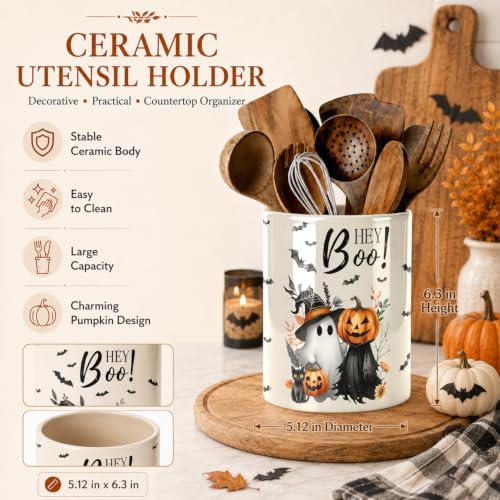 Halloween Cute Ghost Kitchen Utensil Holder, Pumpkin Talavera Large Ceramic Utensil Holder For Countertop Organizer, Summer 6.3'' Cooking Utensil Crocks Scarry Decor Utensil Storage Cup for Kitchen - Image 6