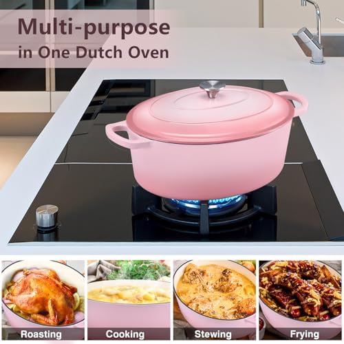 P&P CHEF Oval Dutch Oven with Lid, Enameled Cast Dutch Oven Pot for Bread Baking, Braising, Stewing, Roasting, Non-Stick & Oven Safe, Dual Handles & Easy Clean, 7QT & Pink, Valentine's Day - Image 7