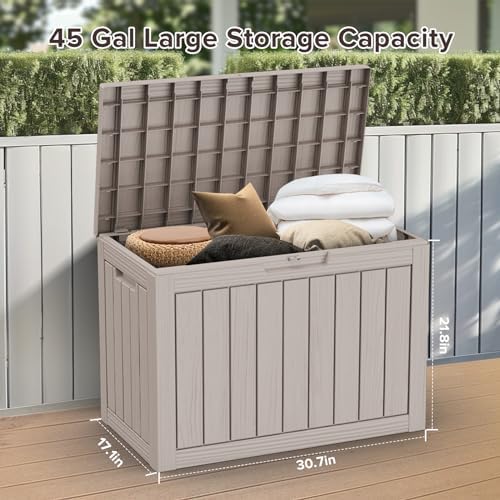 ROJIK Outdoor Storage Housing Deck Box - Waterproof Patio Furniture, Garden Tools, Cushions, Pool Accessories Storage Bench with Lockable Lid and Side Handles (Grey, 45 Gal) - Image 4