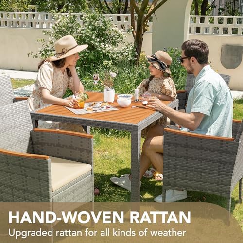 Devoko 5 PCS Acacia Wood Patio Dining Set, Gray Rattan - Image 2