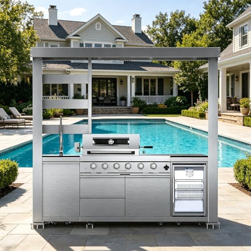97" Stainless Steel Outdoor Kitchen Island with 4-Burner 72000 BTU,Natural Gas Grill with Side Burner,Rotisserie Oven,Refrigerator,Galvanized Steel Roof,Granite Countertops,Sink.(Natural Gas) - Image 3