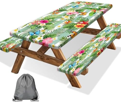 Picnic Table Cover with Bench Covers, Camping Essentials Hawaiian Luau Tropical Palm Leaves Flower Butterfly Waterproof Windproof Fitted Tablecloth Cover with Elastic Edge for Outdoor 3 PCS 30x60 Inch by Xguatan