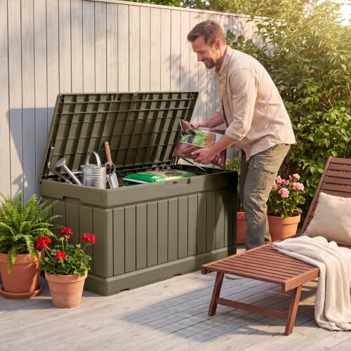 Greesum 82 Gallon Resin Deck Box All Weather Large Outdoor Storage for Patio Furniture, Toys, Garden Tools, Lockable, Light Coffee - Image 5