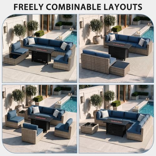Shintenchi 8 Piece Outdoor Patio Furniture Set with 43 Inch Propane Fire Pit, Washable Cushions, Glass Coffee Table, Waterproof Cover & CSA Certified for Backyard Poolside, Natural PE Rattan/Navy Blue - Image 3
