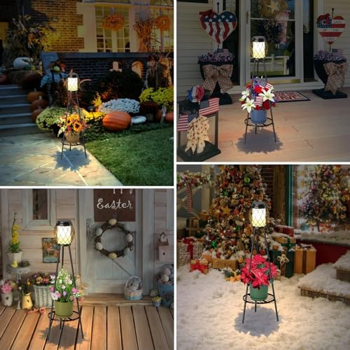 MXwcy 2-in-1 Solar Lights Outdoor with Plant Stand, Waterproof Vintage Solar Floor Lamp & Metal Planter Holder, Tall Geometric Lantern Tripod for Patio, Garden, Yard, Porch Decor (2 Pack) - Image 5