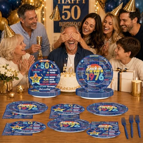 96Pcs Vintage 50th Party Paper Plates and Napkins 50th Birthday Party Decorations Blue Back in 1976 Paper Plates Cheers to 50 Years Disposable Tableware for Women Men Birthday Gatherings Decorations - Image 5