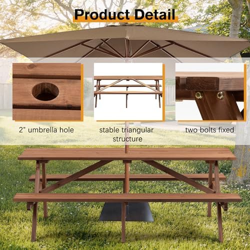 Brown 75" Rectangular Wooden Picnic Tables for Outdoors - Image 7