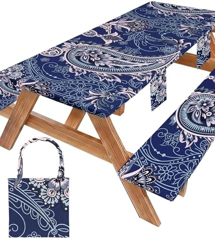Picnic Table Cover with Bench Covers Waterproof Elastic Rectangle Reusable Folding Tablecloth Manteles Mantelería Camping Essentials Rv Car Travel Supplies Table Cloth Outdoor Road Trip Camper Gifts by Wrakus