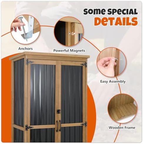 Outdoor Storage Cabinet with Shelves, Wood & Metal Storage Shed with Weatherproof Roof, Lockable Doors, Adjustable Feet, Outside Storage Cabinet for Garage, Patio (15.6" D x 32.3" W x 65.8" H) - Image 3