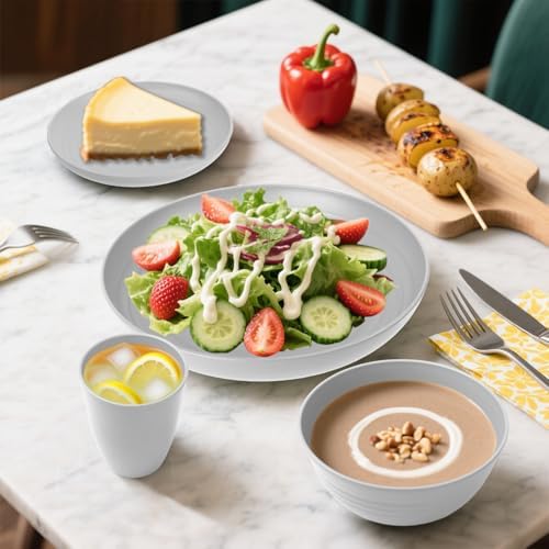 Wheat Straw Dinnerware Sets, Plates and Bowls Sets, 32 PCS Dinnerware Sets Service for 8, Unbreakable Reusable Plates Set, Outdoor Kitchen and Apartment Dinning Essentials - Gray - Image 3