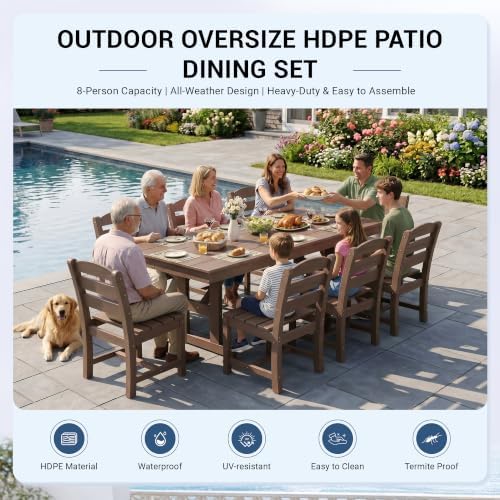 KINGYES Outdoor Dining Table,84'' HDPE Patio Table with Umbrella Hole,Brown - Image 6