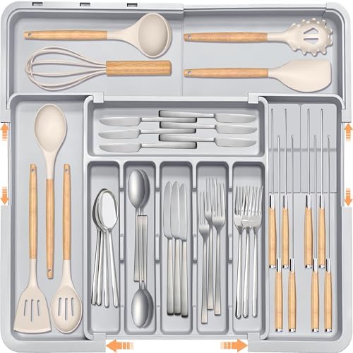 Silverware Drawer Organizer for Kitchen, Adjustable Utensil Drawer Organizer with 2 Knife Block, BPA Free Flatware and Cutlery Holder, Expandable Plastic Storage for Spoons Forks Knives(Grey) by HOMECOR