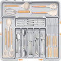 Silverware Drawer Organizer for Kitchen, Adjustable Utensil Drawer Organizer with 2 Knife Block, BPA Free Flatware and Cutlery Holder, Expandable Plastic Storage for Spoons Forks Knives(Grey) by HOMECOR