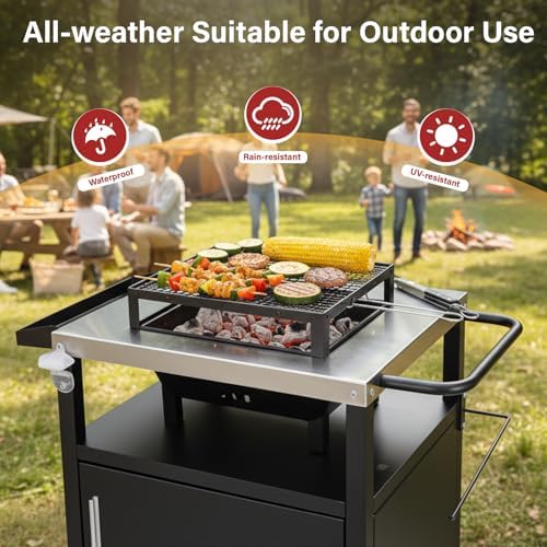 Outdoor Grill Cart with Storage, Outdoor Grill Table with Spice Rack, Lockable Wheels & Stainless Steel Top, Rolling Bar Cart Outdoor BBQ for Patio Family Home Party Bar (Single Door, Black) - Image 5