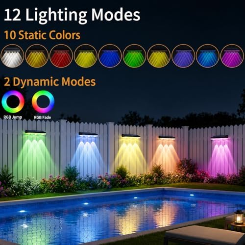 Tenmiro Solar Fence Lights Outdoor 10 Pack, 40 Modes RGB & Cold/Warm White Wall Lights with 5 Lens, IP67 Waterproof Dusk to Dawn Outside Lighs for Backyard, Patio, Yard, Pool, Deck, Railing Decor - Image 2
