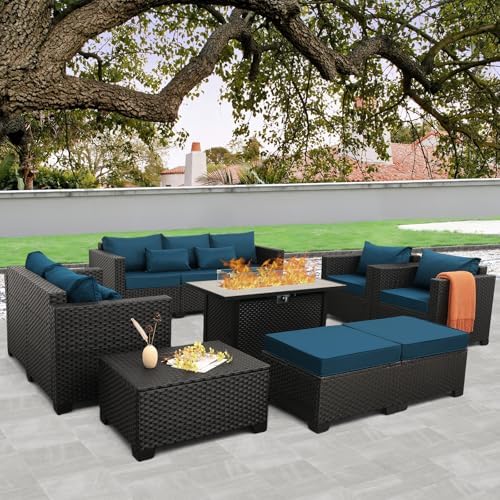 Patio Furniture Set 45-Inch Outdoor Fire Pits 8 PCS Outdoor Furniture Sets Patio Couch Outdoor Chairs 60000BTU Outdoor Propane Fire Pit Table No-Slip Cushions and Waterproof Covers, Peacock Blue - Image 2