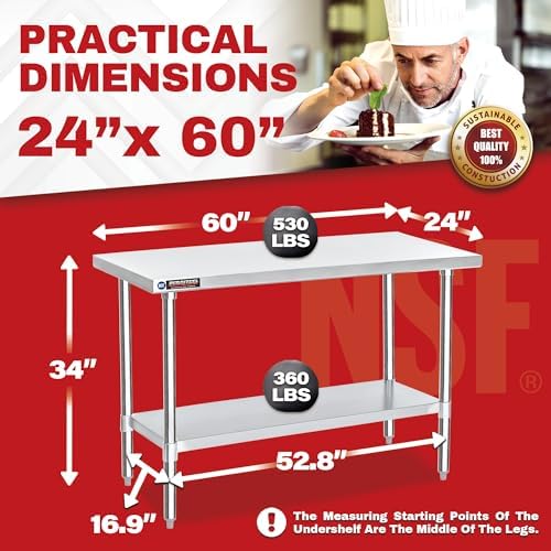 DuraSteel 24x60 Stainless Steel Work Table - NSF Commercial Prep Metal Table w/Adjustable Under Shelf - Kitchen Outdoor Pizza Oven Stand, Garage Workbench, Laundry Utility Worktable - 350 lb Capacity - Image 2