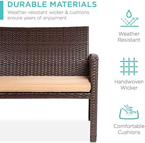 Best Choice Products 4-Piece Outdoor Wicker Patio Conversation Furniture Set for Backyard w/Coffee Table, Seat Cushions - Brown/Beige - Image 3