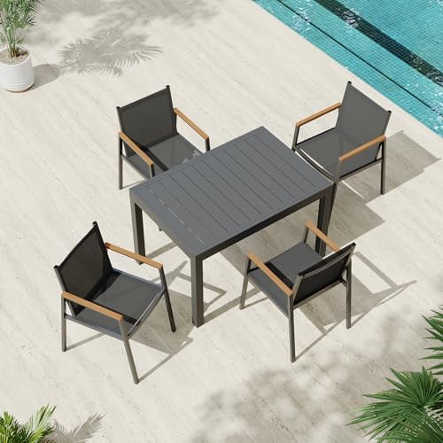 Expandable Outdoor Patio Dining Table Set for 6-8 Person, Aluminum Outdoor Table and 4 Chairs with Textilene Fabric & HDPS Armrest, All-Weather Patio Furniture Set for Yard, Garden, Gray by Oasbira