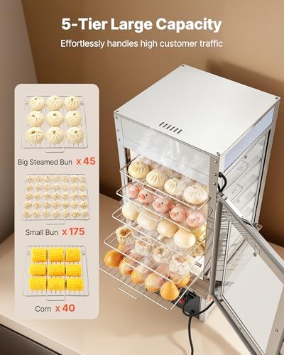 VEVOR 5-Tier Commercial Food Warmer Display, 1200W Food Display Warmer with LED Light, Adjustable Shelf & Stainless Steel Frame, 86℉~230℉ Steam Heating, 120L for Hamburger, Pizza, Bread, Fried Chicken - Image 5