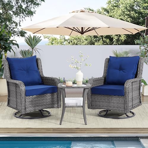 Wumiokio Patio Furniture Sets, 3 Pieces Wicker Outdoor Furniture - 360 Degree Swivel Rocking Chairs and Rattan Side Table for Garden,Porch,Backyard (Grey Wicker/Blue Cushion, 3PCS - Swivel Chairs) - Image 2