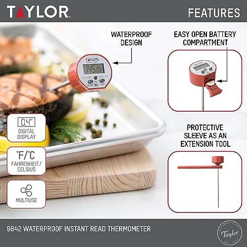 Taylor Waterproof Digital Instant Read Thermometer For Cooking, BBQ, Grilling, Baking, And Meat, Comes With Pocket Sleeve Clip, Red - Image 2