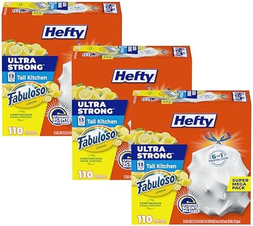 Hefty Ultra Strong 13 Gallon Trash Bags,Tall Kitchen Trash Bags 13 Gallon Size,Resist Leaks,Punctures,and Rips,Continuous Odor Control,White,Fabuloso Lemon Scent,110 Count,(Pack of 3) by Hefty