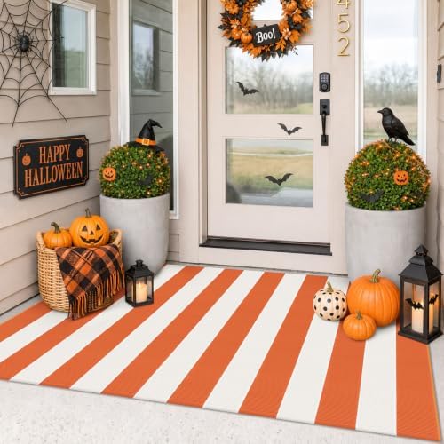 IOHOUZE Fall Striped Outdoor Rug 3x5, Washable Porch, Orange White by iOhouze
