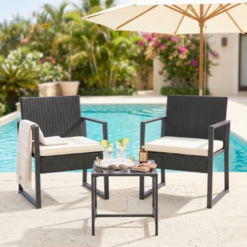 FDW | 3-Piece Patio Furniture Set | Khaki |Outdoor Wicker Furniture with Coffee Table | Modern Rattan Chairs Conversation Set | Outdoor Seating | Weather-Resistant | for Porch, Garden, Lawn - Image 2