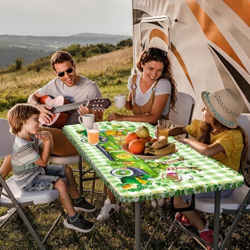 St. Patrick's Day Picnic Table Cover with Bench Covers, Camping Essentials, Plaid Truck Gnomes Clover Outdoor Table Covers, Waterproof, Fitted Tablecloth Cover with Elastic Edge, 3 PCS, 30x96 Inch - Image 2