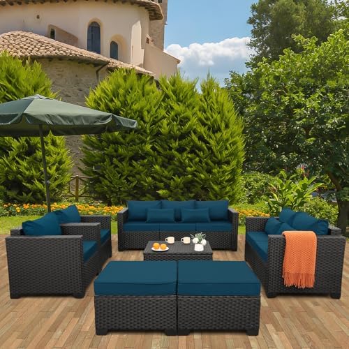 Rattaner Patio Furniture Set 7 Pieces Couch Outdoor Chairs Coffee Table Peacock Blue Anti-Slip Cushions and Waterproof Covers - Image 3