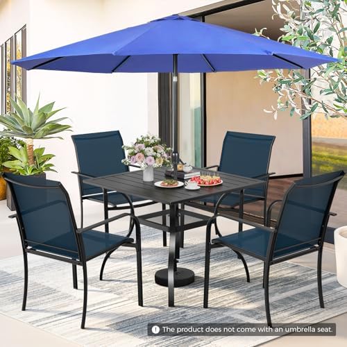 Incbruce 6 Pieces Paito Dining Set with Dark Blue Umbrella, Outdoor Metal Dining Set of 4 Textilene Chairs and Square Table with Umbrella Hole for Garden, Porch and Backyard (Blue) - Image 4