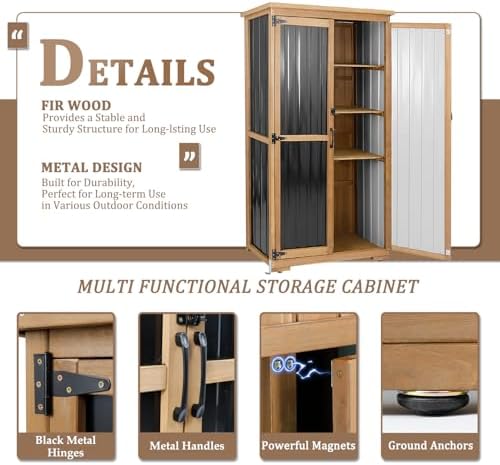 Outdoor Storage Cabinet, Wood & Metal Storage Shed with Weather-Resistant Roof, Removable Shelves, Lockable Doors, Outside Storage Tool Organizer for Garden, Patio, Backyard, Garage, Pool - Image 4