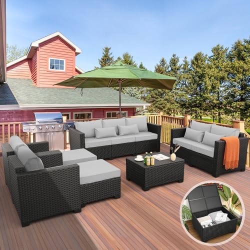 Rattaner Patio Furniture Sets 7 Pieces Outdoor Furniture Sectional Patio Couches Set with Storage Table Light Grey Cushions by Rattaner