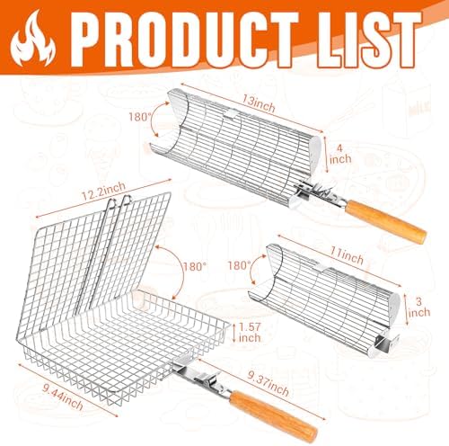 Havawish 3 Pcs BBQ Basket Grill Set 430 Stainless Steel Rectangular Grill Basket with Removable Wooden Handle 2 Rolling Cylinder Baskets for Vegetables Fish Meat Outdoor Grilling Gift for Dad Husband - Image 2