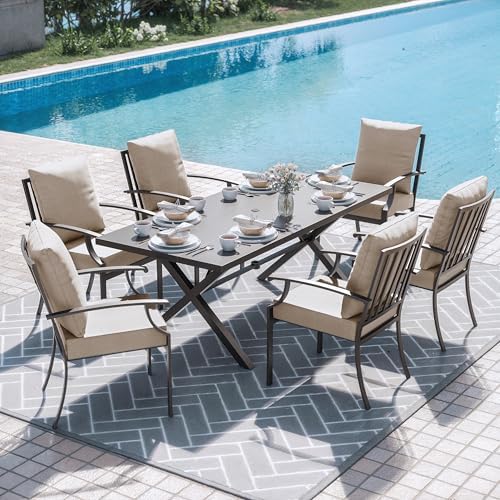 ALAULM 7-Piece Patio Dining Table and Chairs Outdoor Dining Set for 6 Patio Dining Sets with Rectangular Metal Table with Umbrella Hole for Patio, Backyard, Garden-Sand by ALAULM