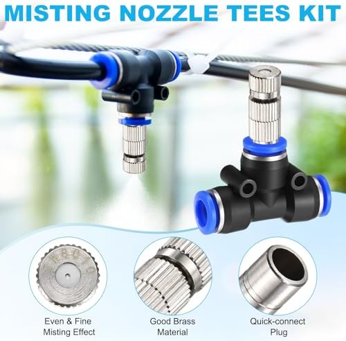 M METERXITY 5-Set Brass Misting Nozzles Tees Kit, 0.031"/0.8mm Orifice Mister Replacement Nozzles with Filter Mesh for Outdoor Cooling System/Greenhouse, Water Misting Nozzle Tees Kits - Image 2