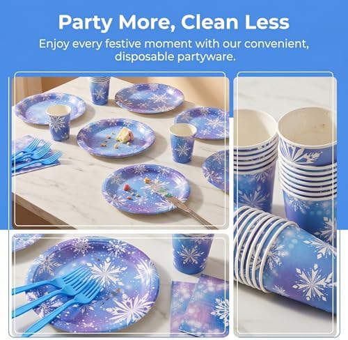 144 Pcs Frozen Tableware Set for 24 Guests, Heavy-Duty 7" & 9" Paper Plates, Cups, 2-Ply 13" Napkins & Plastic Forks, Disposable Winter Snowflake Party Supplies for Christmas Holiday Party - Image 4