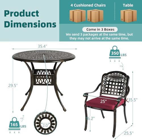 MEETWARM 5 Piece Patio Dining Set, Outdoor All-Weather Cast Aluminum Dining Table Set, Patio Furniture Set for Backyard, Include 4 Chairs with Cushions and a 35.4" Round Table, Chili Red - Image 5