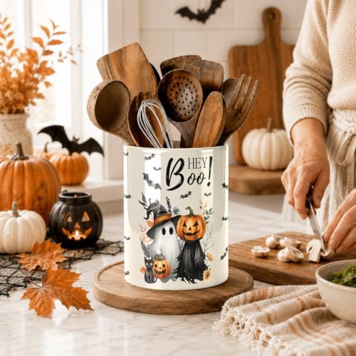 Halloween Cute Ghost Kitchen Utensil Holder, Pumpkin Talavera Large Ceramic Utensil Holder For Countertop Organizer, Summer 6.3'' Cooking Utensil Crocks Scarry Decor Utensil Storage Cup for Kitchen - Image 4