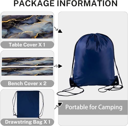 CAPSCEOLL Fitted Picnic Table Cover with Bench Covers 8ft - Elastic Scratch-Resistant Waterproof - Black Blue Marble Camping Tablecloth with Drawstring Bag for RV Essentials Pet Lovers (96in, 3 PCS) - Image 3