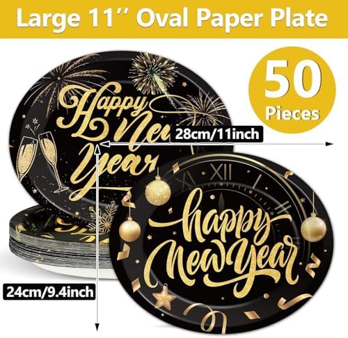 50PCS Happy New Year Oval Paper Plates 11”Large Heavy Duty Black and Gold 2026 New Year's Eve Party Decorations Year of the Horse Disposable Dessert Supplies NYE Holiday Evening Party Tableware Set - Image 2