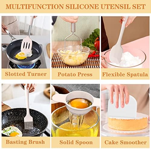 Silicone Cooking Utensil Set, Umite Chef 43 PCS Heat Resistant Kitchen Utensil Gadgets Set-Stainless Steel Handle- Kitchen Spatula Tools for Nonstick Cookware, Pots and Pans Accessories (Khaki) - Image 5