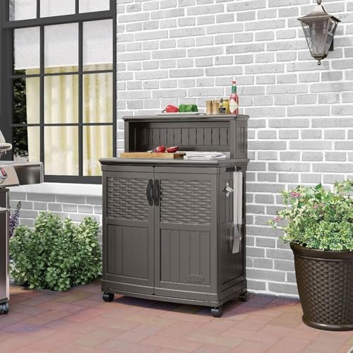 Suncast Patio Plastic Storage and Prep Station with Decorative Wicker Pattern and Multi Wall Panels for Patio, Garden, and Lawn Use, Stoney Gray - Image 2