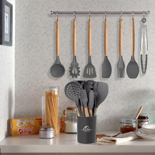 MIBOTE Silicone Cooking Kitchen Utensils Set, 17 Pcs, Wooden Handle, Grey - Image 7